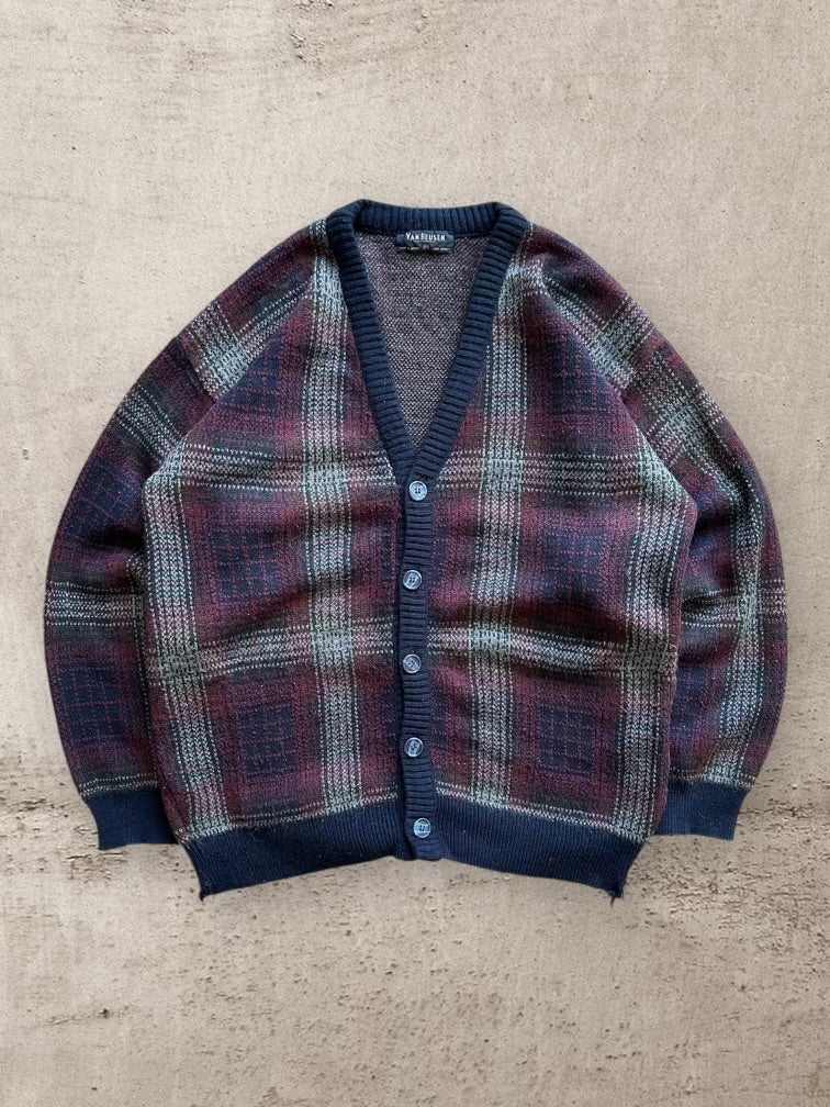 90s Van Heusen Plaid Knit Cardigan - Medium