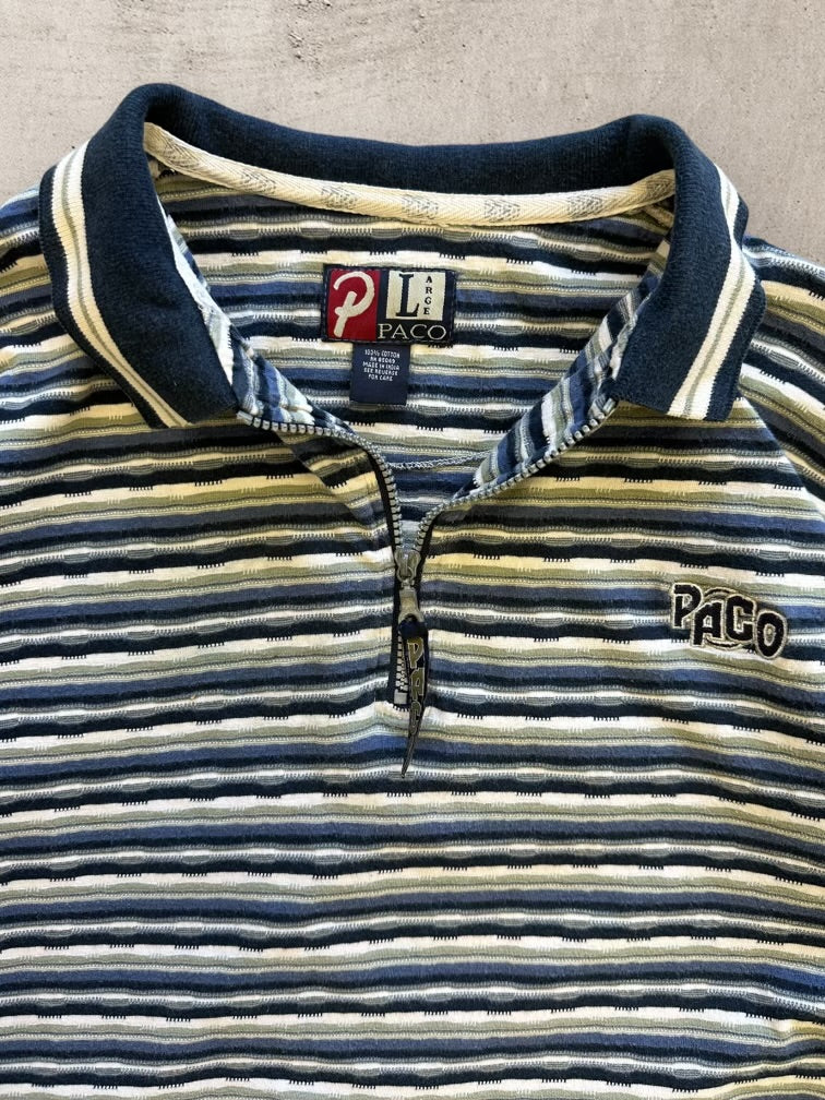 90s Paco Striped 1/4 Zip Polo Shirt - XL