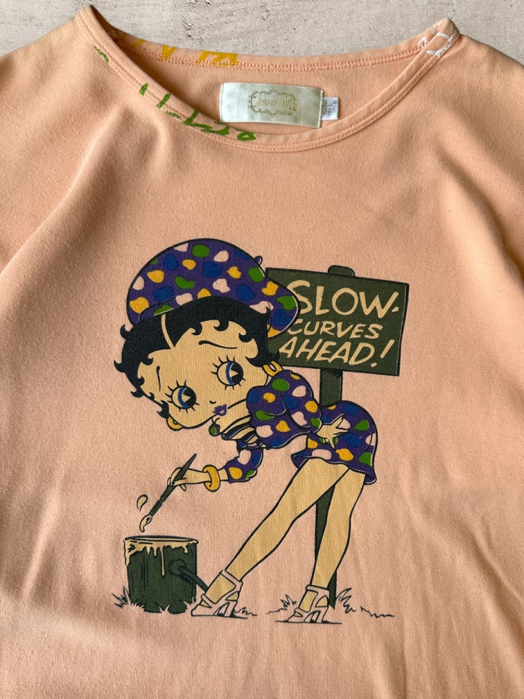 90s Betty Boop Slow Curves Ahead Peach Long Sleeve T-Shirt - Small