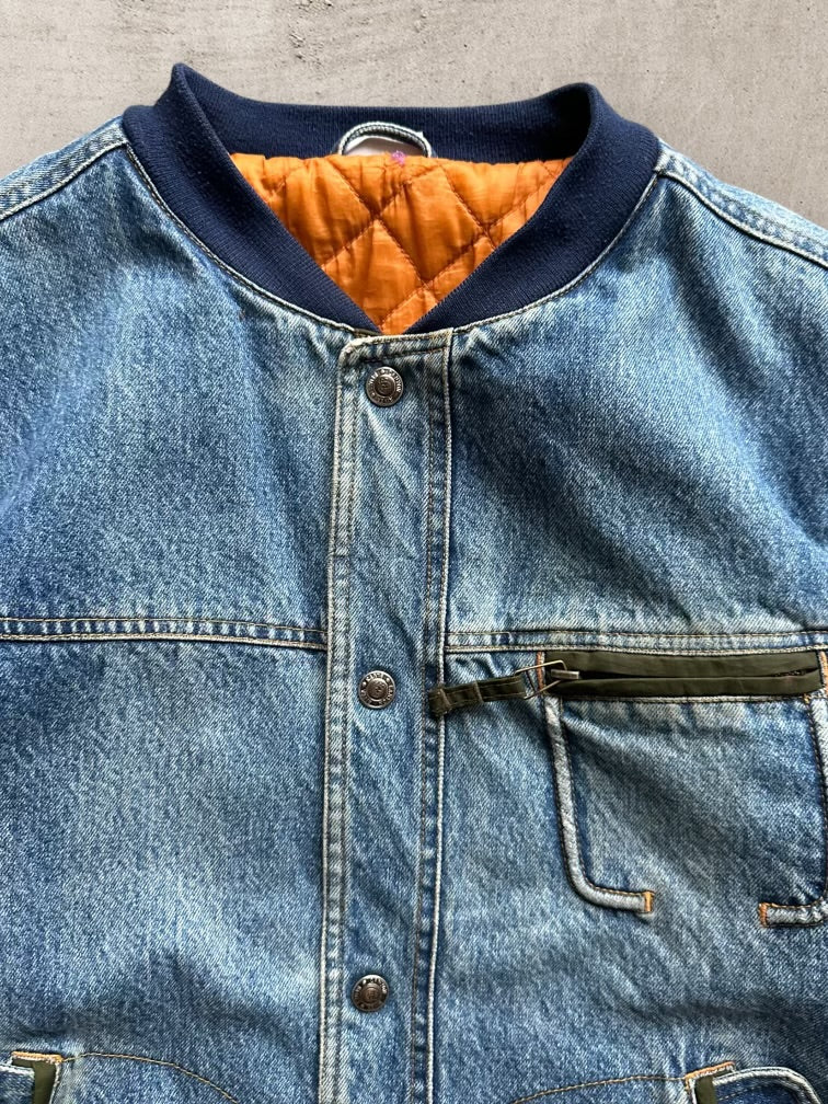 90s Denim Color Block Bomber Jacket - XL