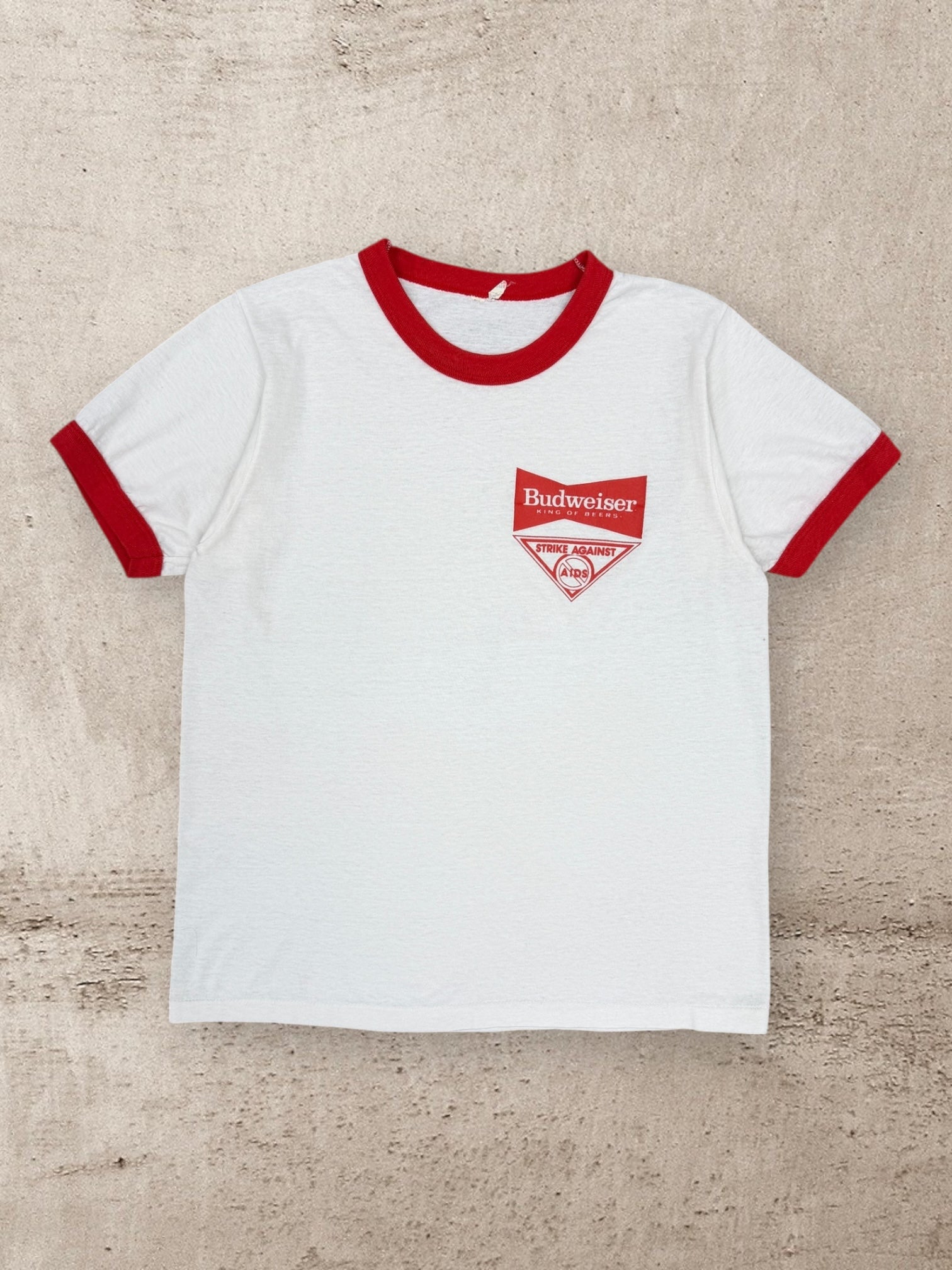 80s Budweiser Strike Against Aids Ringer T-Shirt - Medium