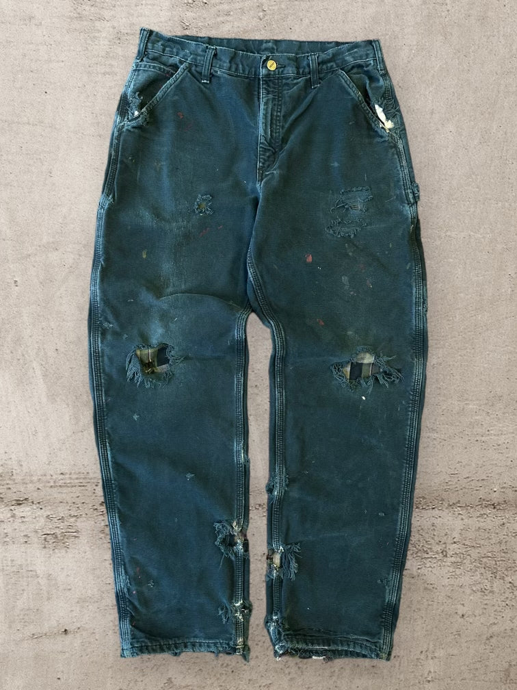 00s Carhartt Blanket Lined Black Carpenter Distressed Pants - 34x31