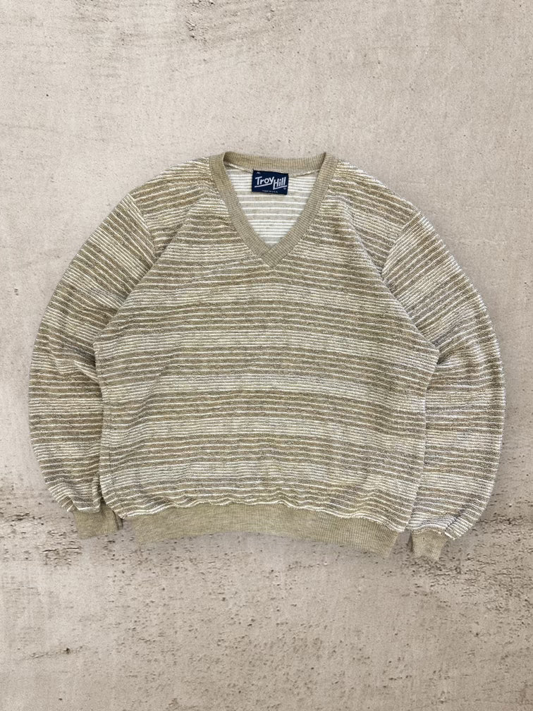 80s Troy Hill Tan & Cream Striped V-Neck Sweater - Medium