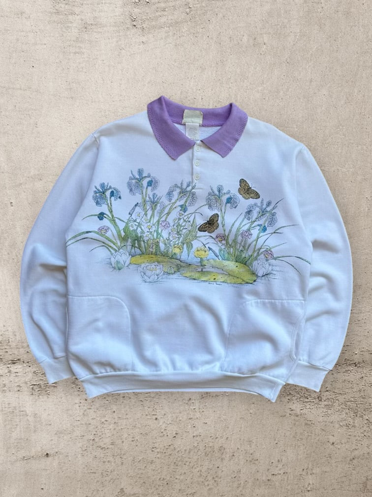 90s Floral Butterfly Collared Henley Crewneck - Large