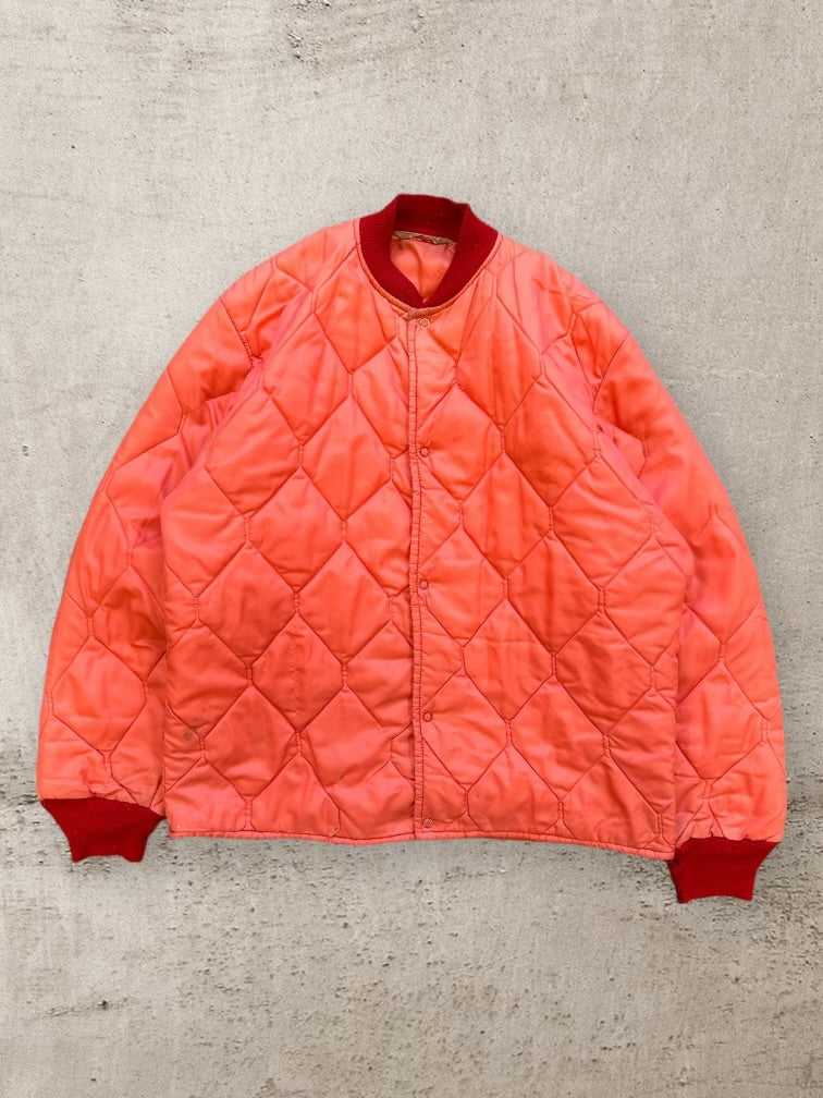 80s Orange Quilted Button Bomber Jacket - Small