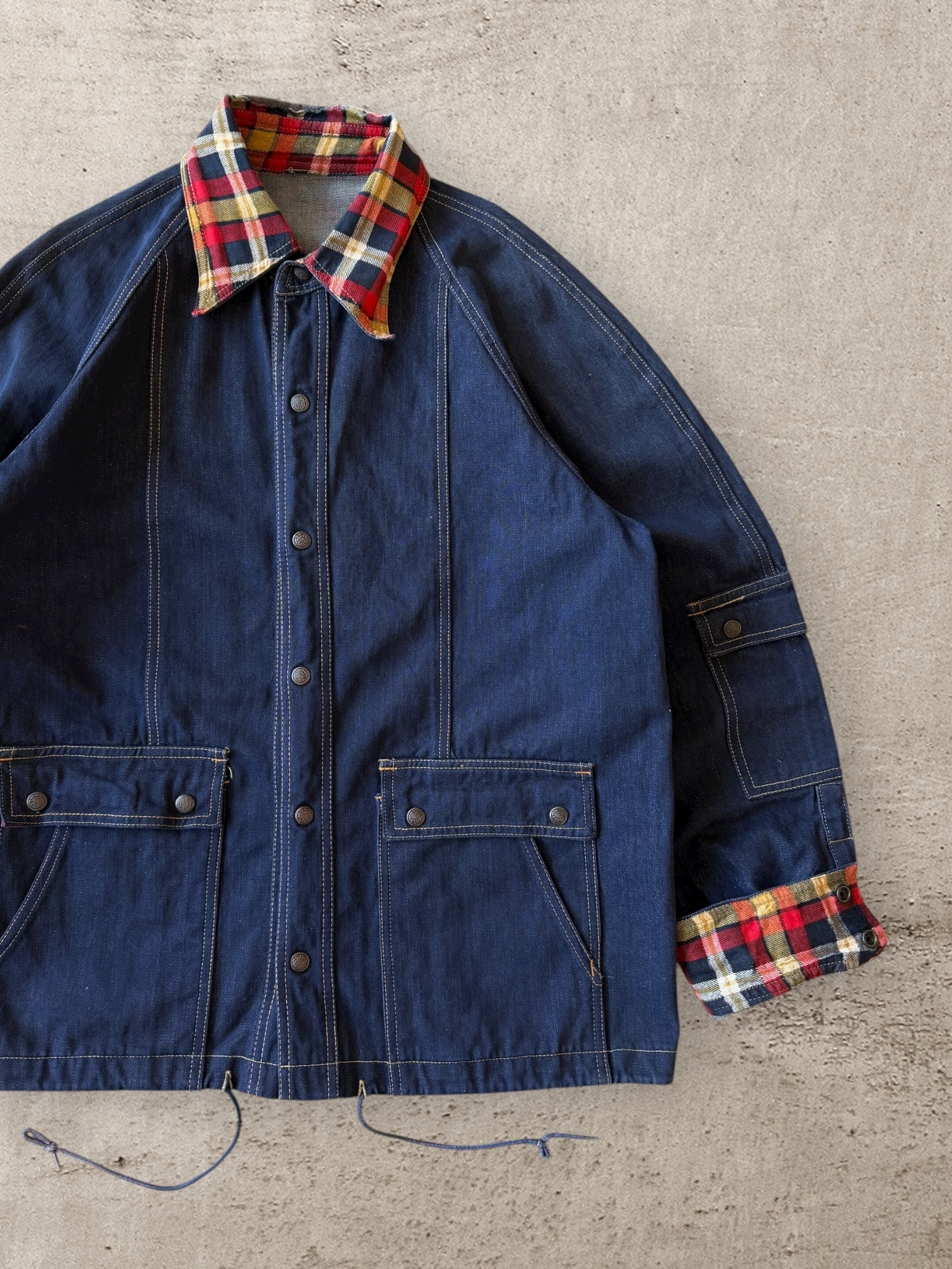 80s Plaid Collared Denim Chore Jacket - Large