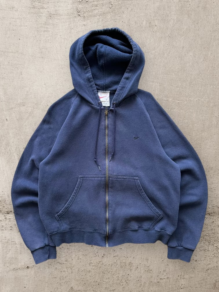 90s Nike Navy Blue Mini Swoosh Zip Up Hoodie - Medium