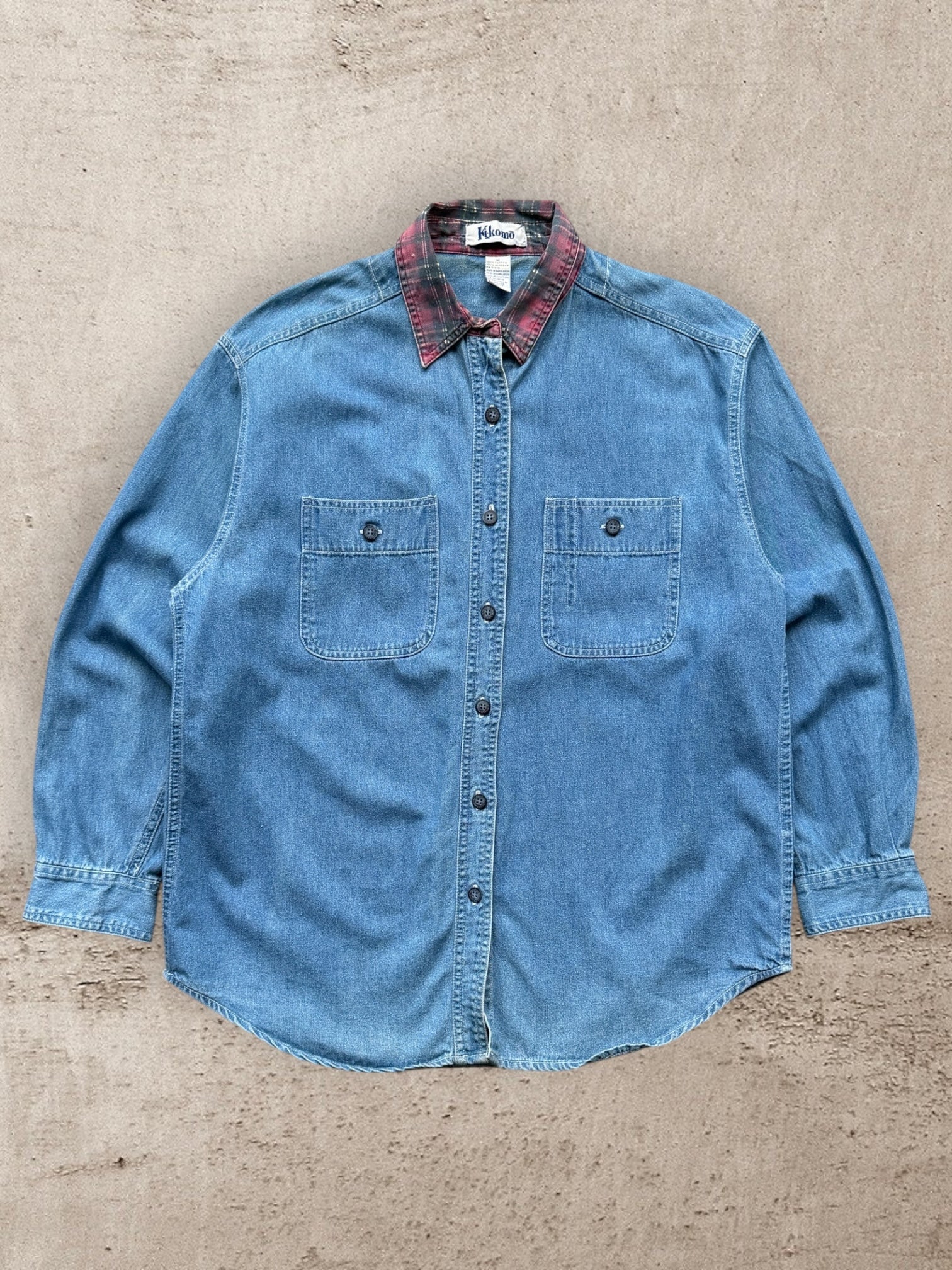 90s Kikomo Plaid Collared Denim Button Up Shirt - Large