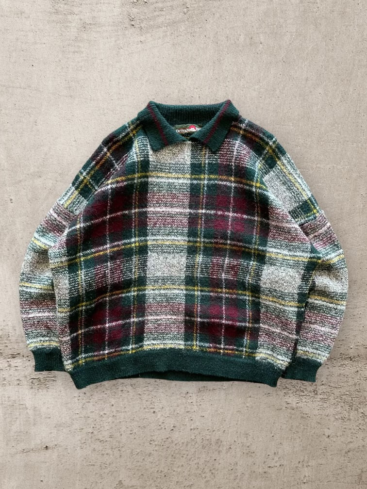 80s Outback Red Collared Plaid Knit Sweater - Large