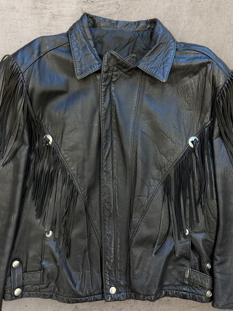 80s Western Black Tassle Leather Jacket - Medium