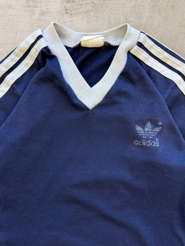 80s Adidas Navy Blue Striped V-Neck Shirt - XS