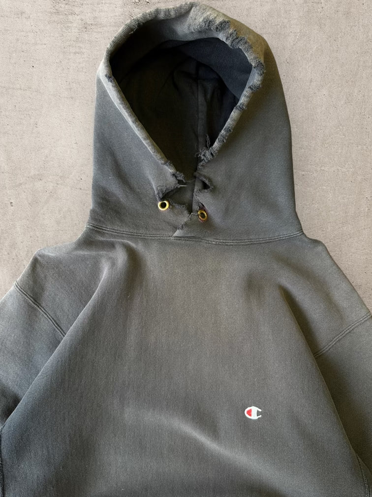 90s Champion Faded Black Reverse Weave Hoodie - Large