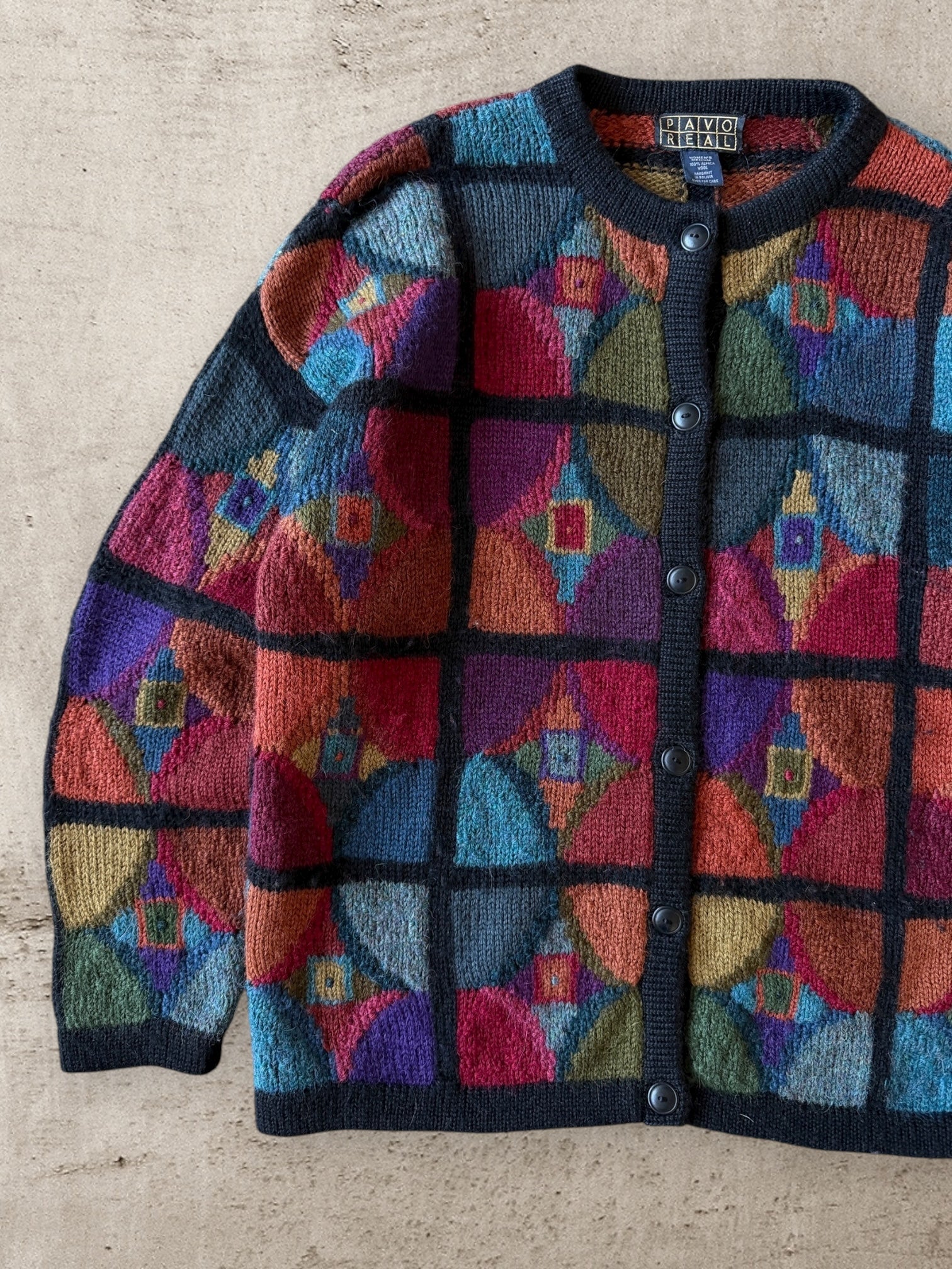 90s Pavo Real Multicolor Alpaca Button Up Sweater - Large
