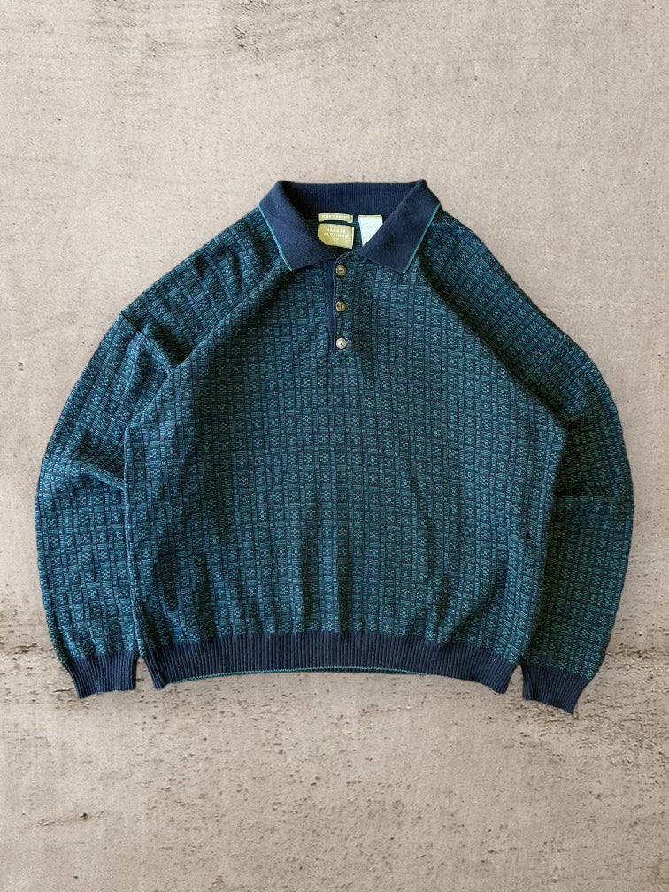 00s Haggar Navy Blue & Green Knit Sweater  - Large