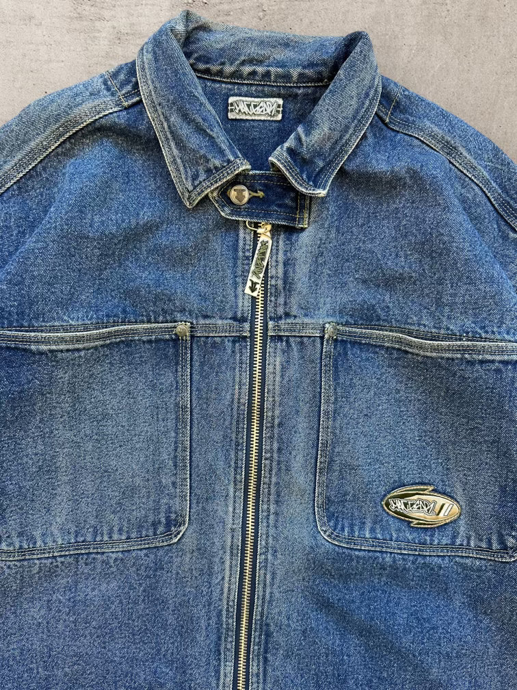 90s Dark Wash Denim Zip Up Shirt Jacket - XL
