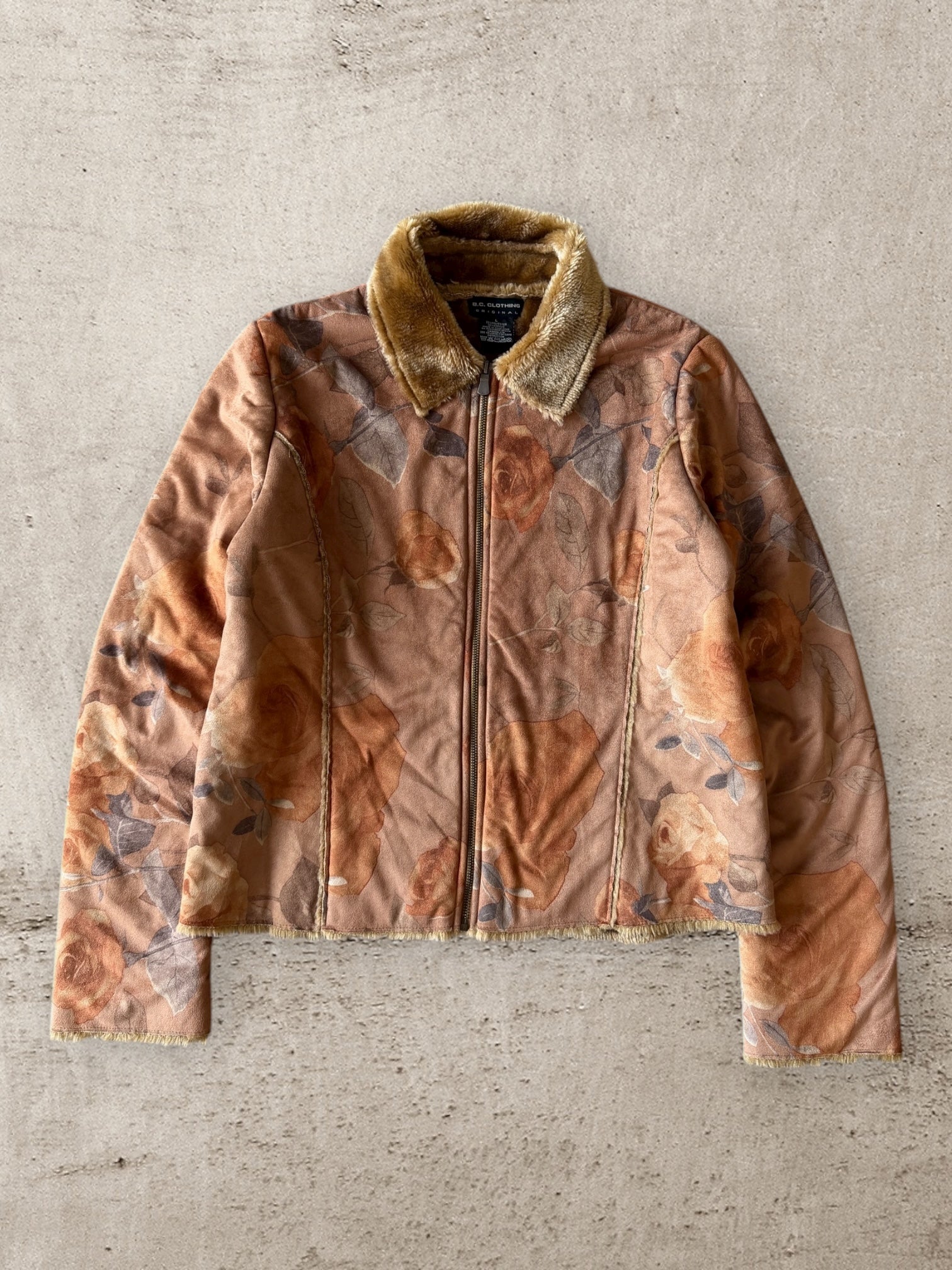 00s B.C Fur Lined Leaf Zip Up Jacket - Medium
