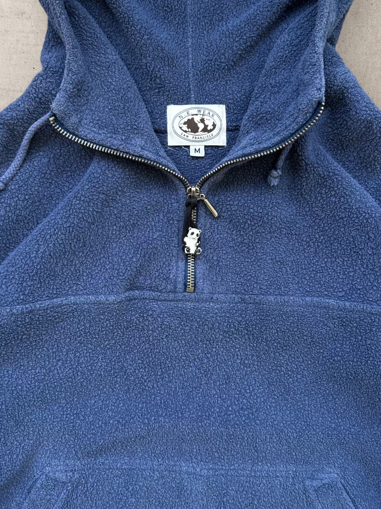 90s N.E Wear Navy Blue Hooded 1/4 Zip Fleece - Large