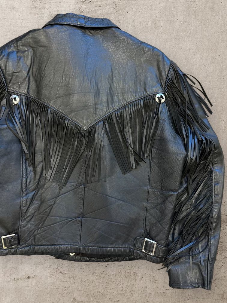 80s Western Black Tassle Leather Jacket - Medium