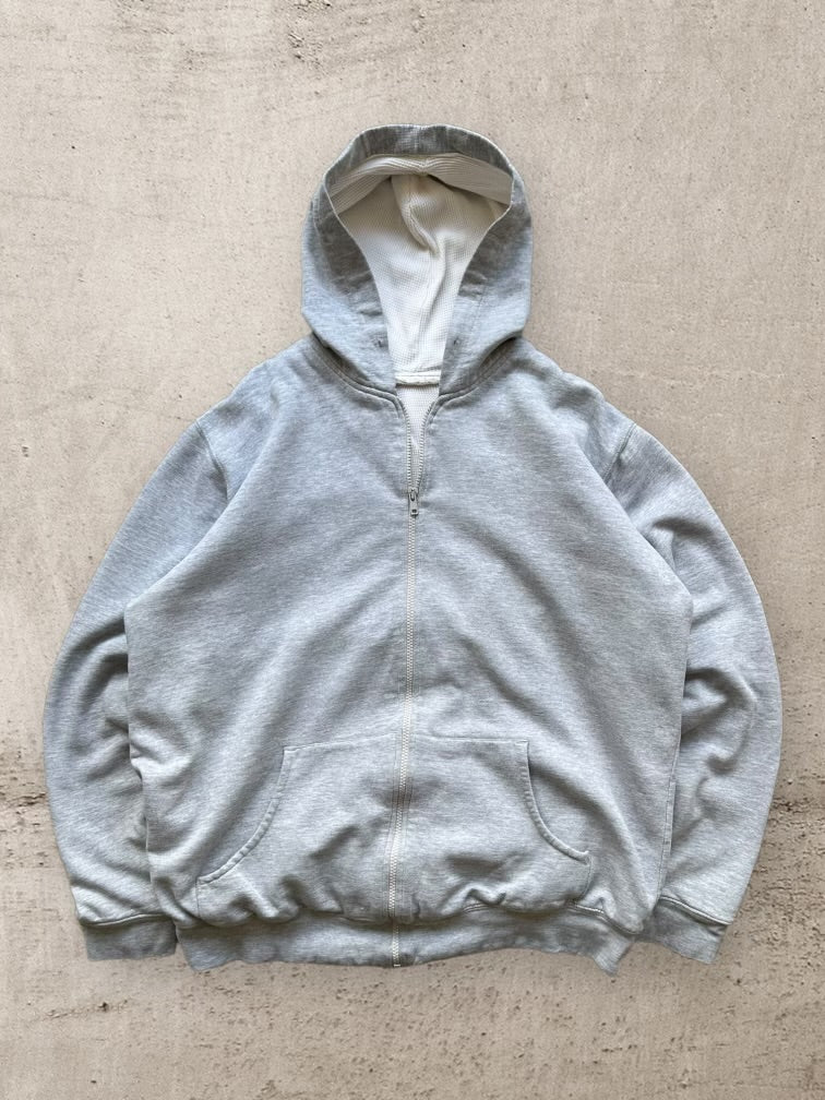 90s Thermal Lined Grey Zip Up Hoodie - XL