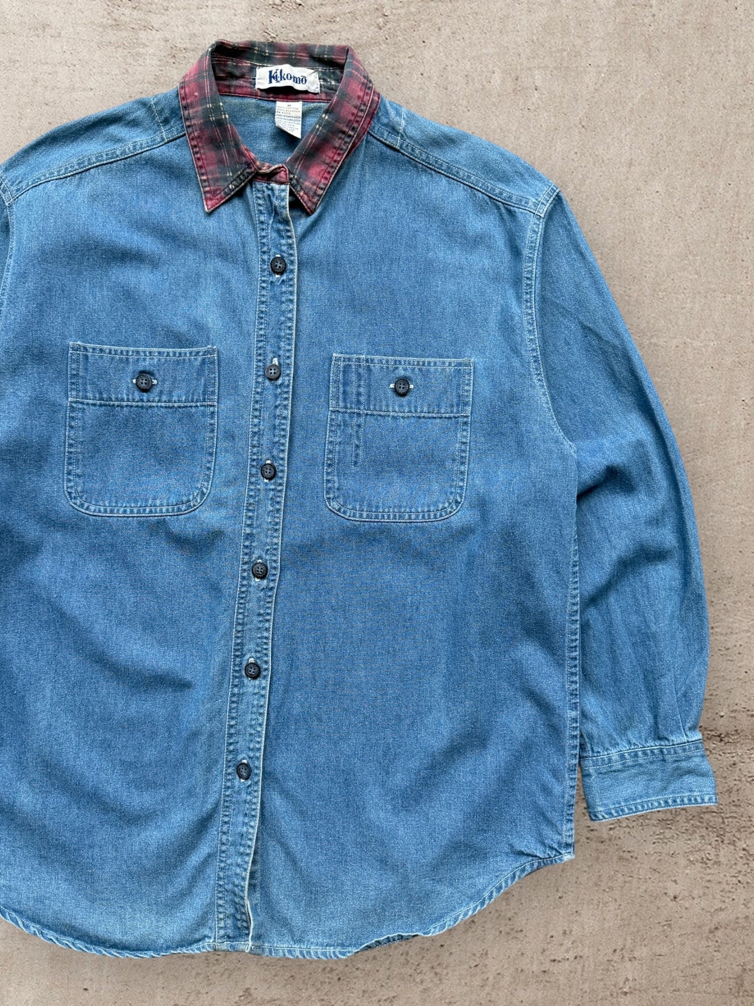 90s Kikomo Plaid Collared Denim Button Up Shirt - Large