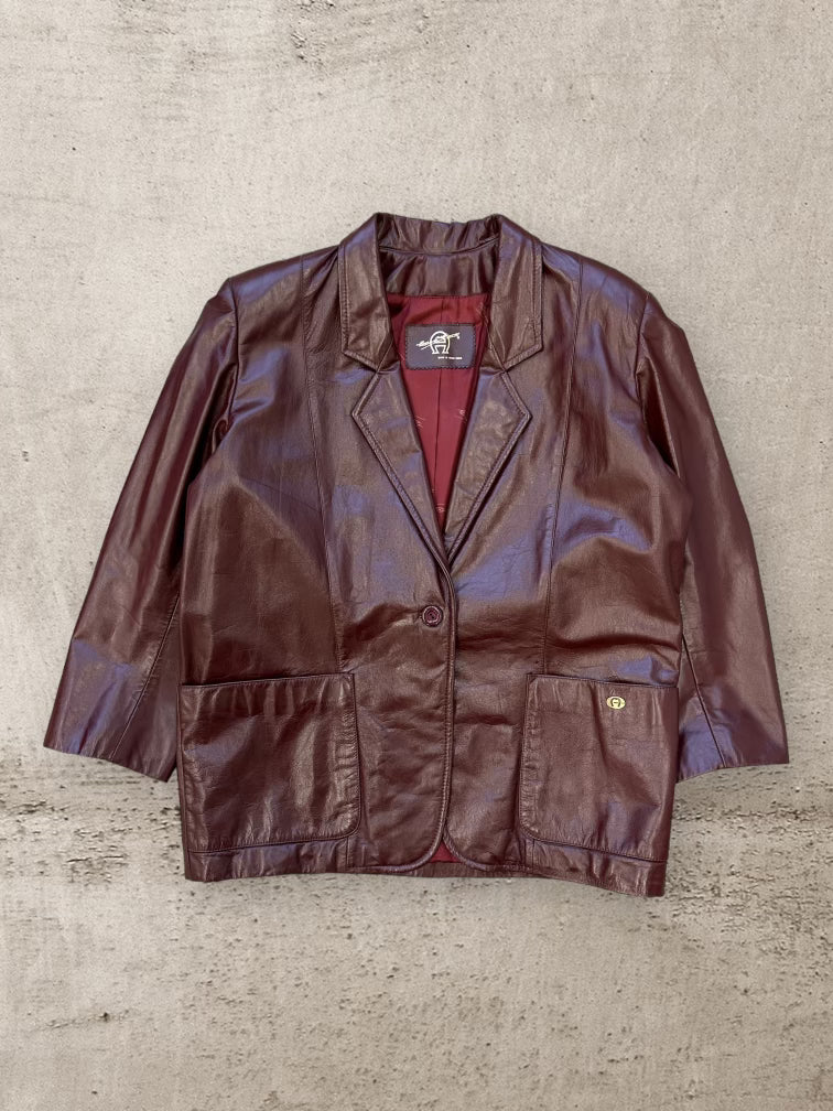 90s Maroon Blazer Leather Jacket - Large