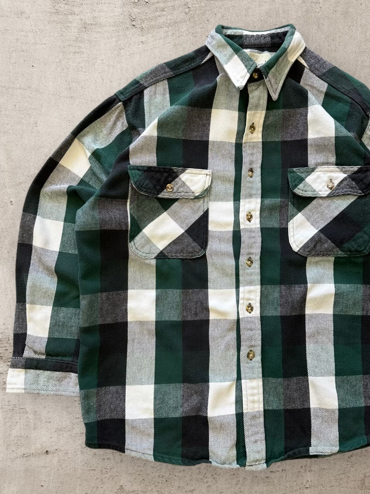 00s Green Big Print Plaid Flannel Button Up - XL