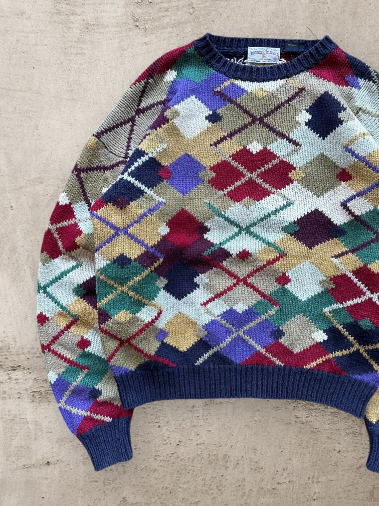 90s Roderick Multicolor Argyle Knit Sweater - Large