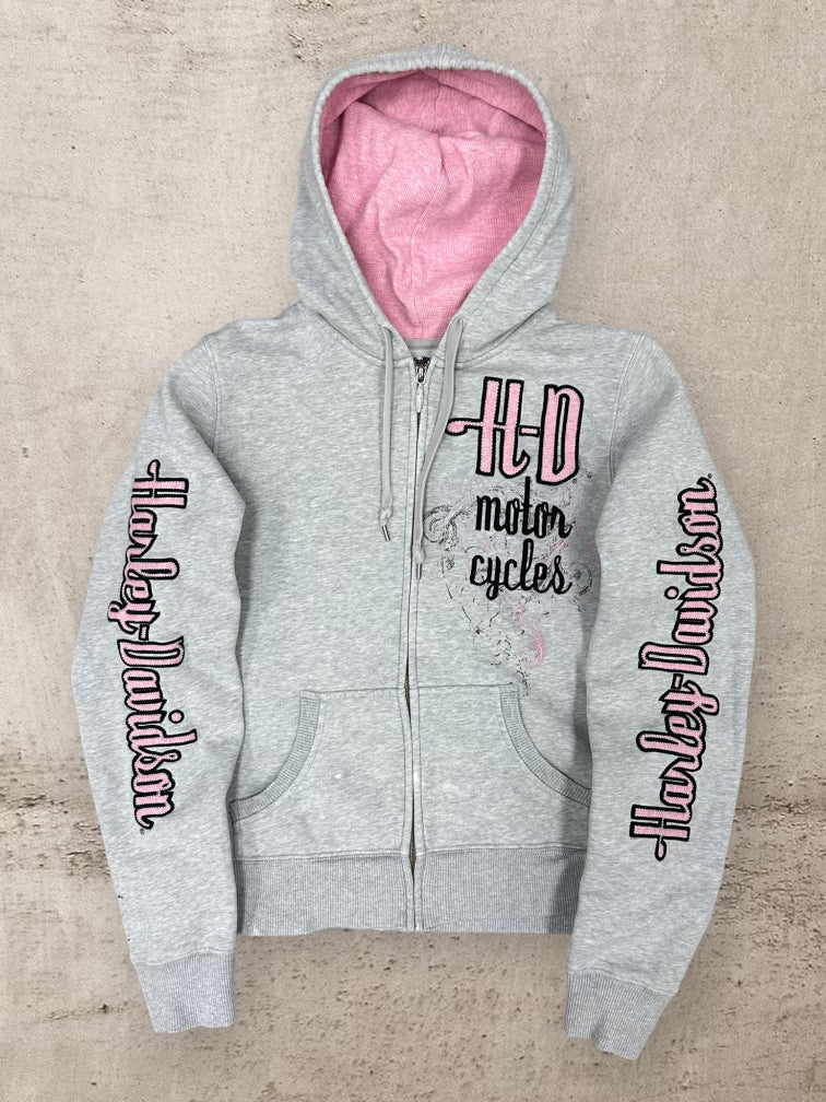 00s Harley Davidson Pink Embroidered Zip Up Hoodie - Youth Large