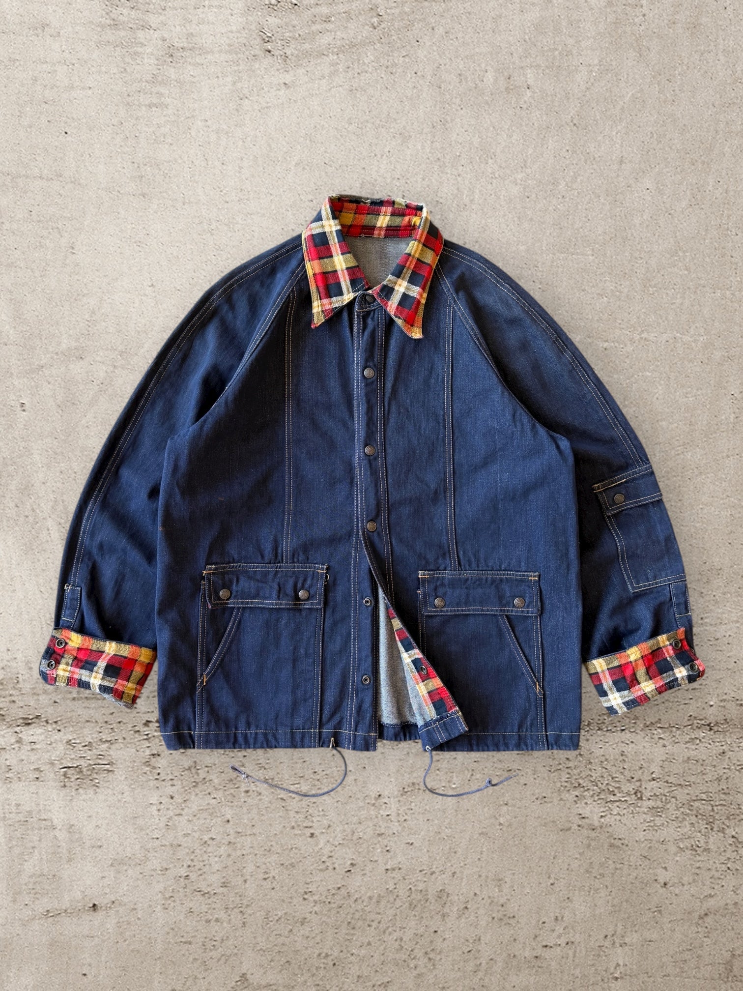 80s Plaid Collared Denim Chore Jacket - Large