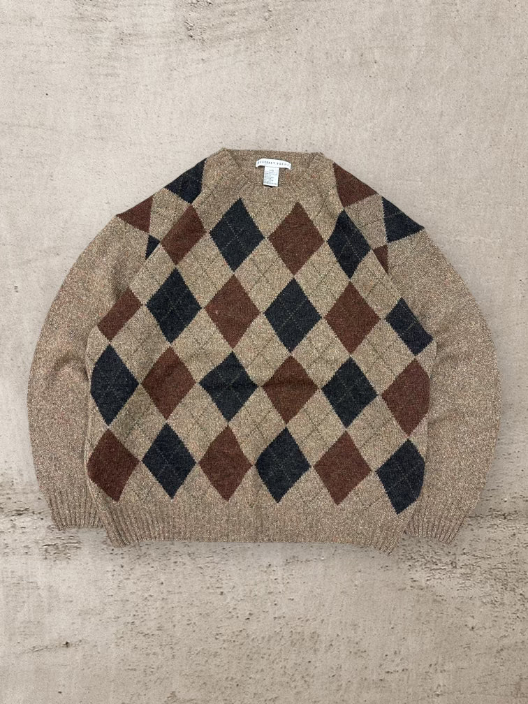 00s Geoffrey Beene Multicolor Argyle Wool Sweater - Large