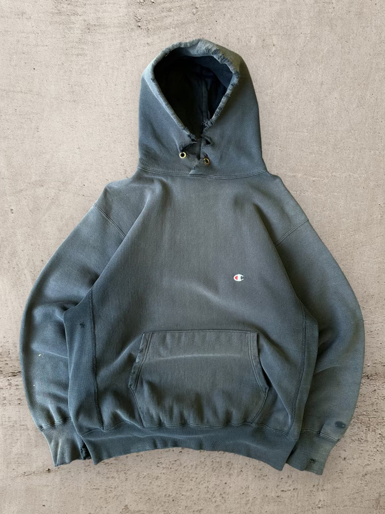 90s Champion Faded Black Reverse Weave Hoodie - Large