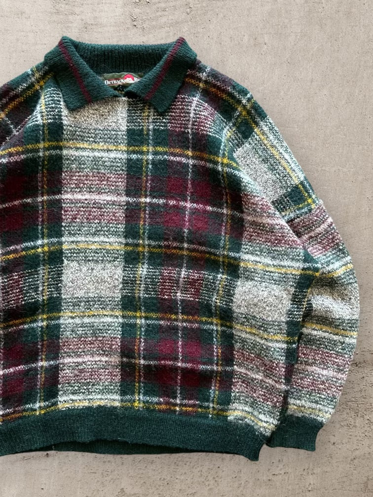 80s Outback Red Collared Plaid Knit Sweater - Large