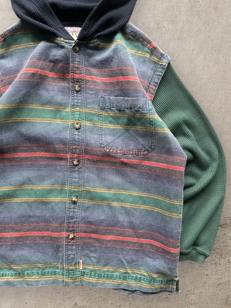 90s Bugle Boy Striped Thermal Button Up Hoodie -Small