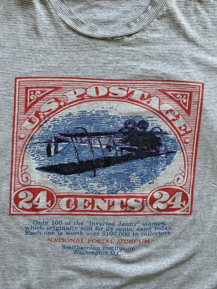 90s U.S Postage Stamp Inverted Jenny Distressed Graphic T-Shirt - XL