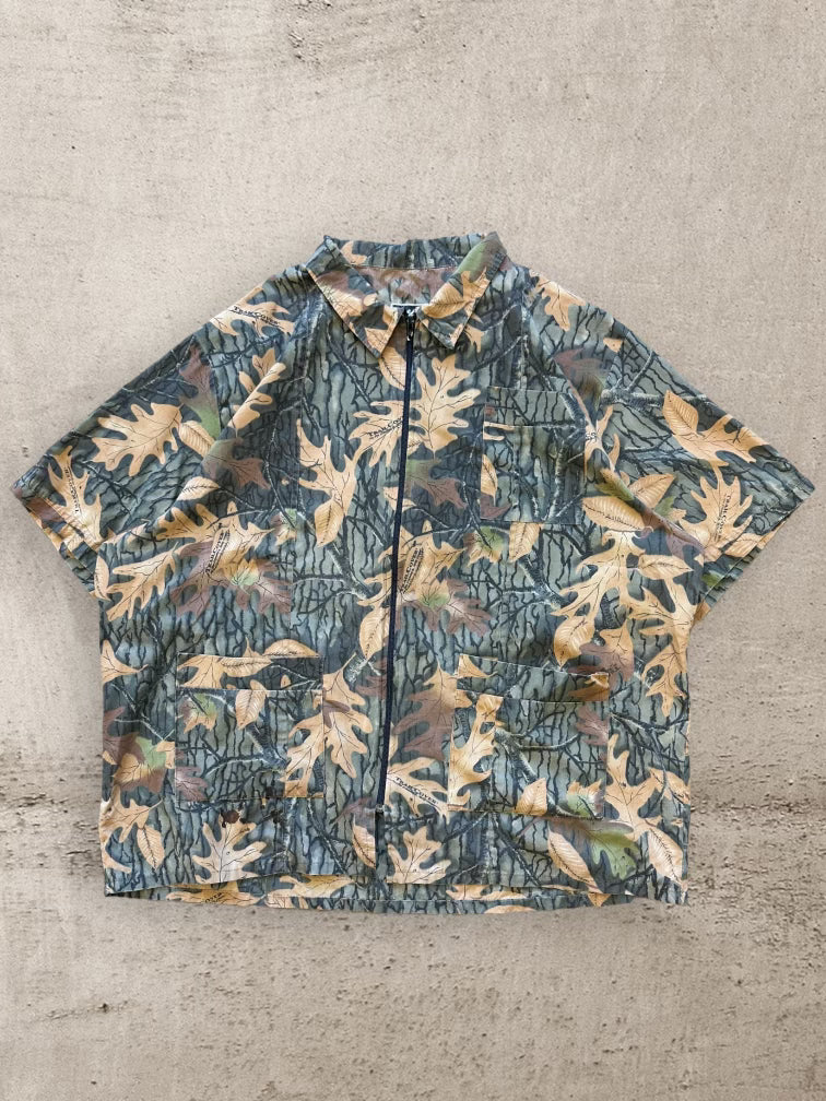 90s Real Tree Leaf Camouflage Zip Up Pocket Shirt - XXL