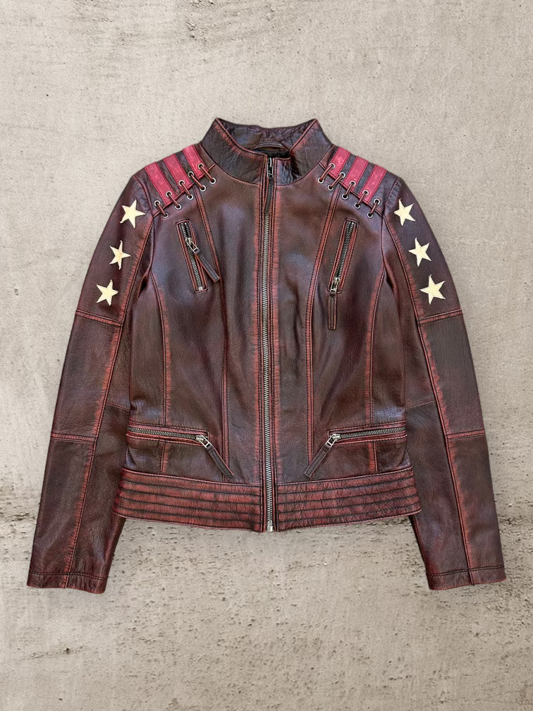 00s Black Rivet Multicolor Star Moto Leather Jacket - XS