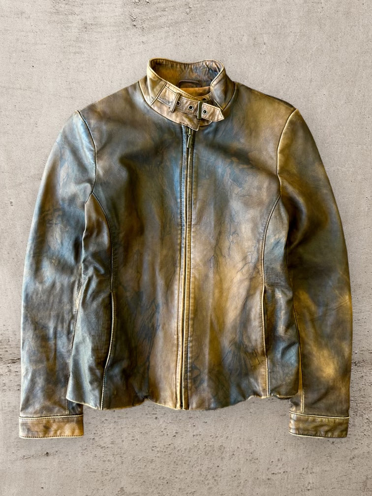 00s Danier Marble Brown Leather Jacket - XS