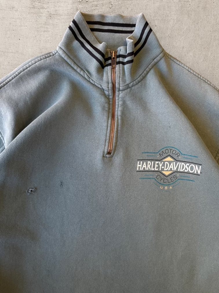 90s Harley Davidson Distressed Green 1/4 Zip Sweatshirt - XXL