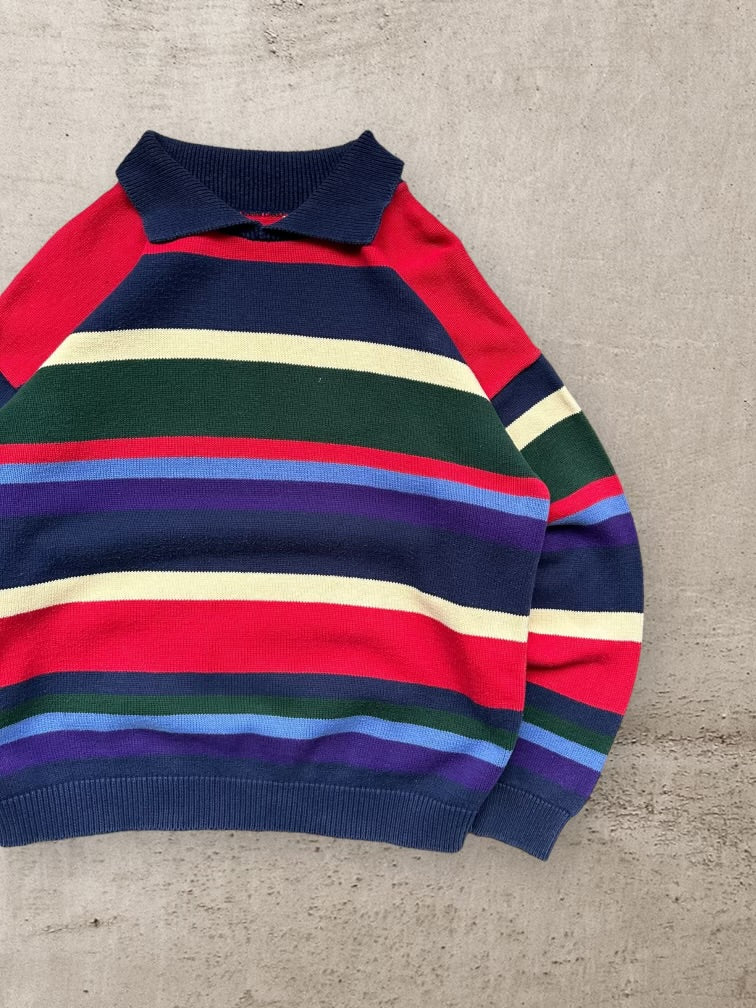 00s Multicolor Stripe Collared Knit Sweated - Large