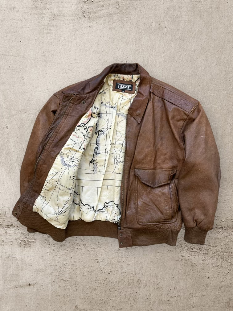 80s Izzi Brown Leather Bomber Jacket - Medium