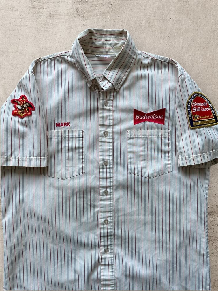 80s Budweiser Uniform Striped Button Up Shirt - XL