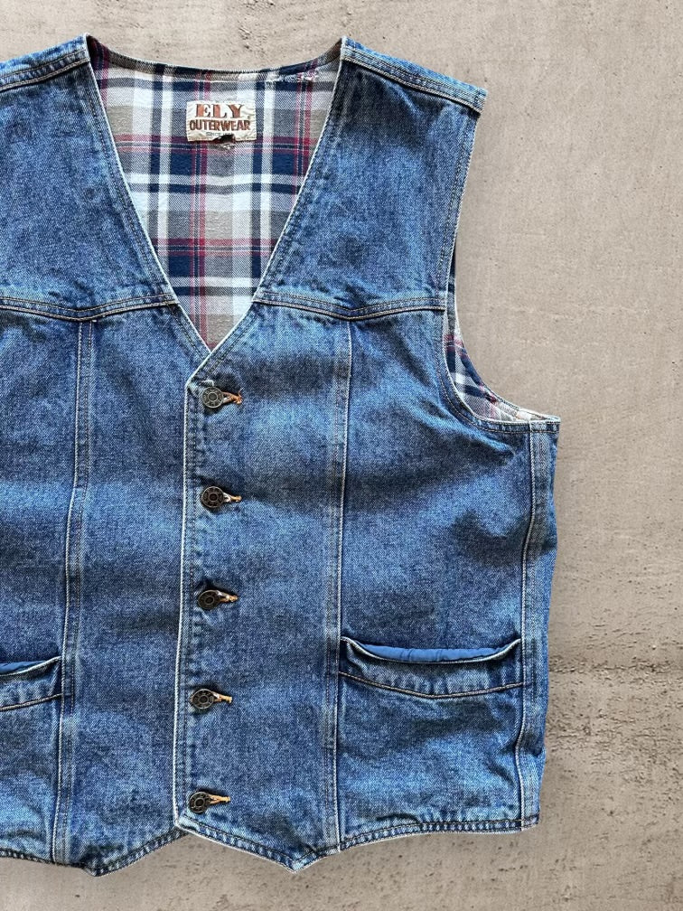 80s/90s Ely Plaid Lined Denim Vest - Medium