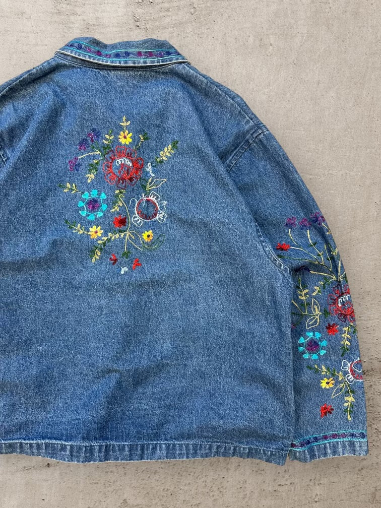 90s Tantrums Floral Embroidered Denim Jacket - Large