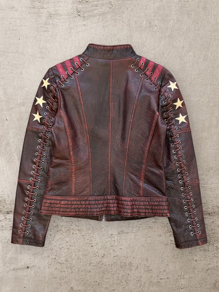00s Black Rivet Multicolor Star Moto Leather Jacket - XS