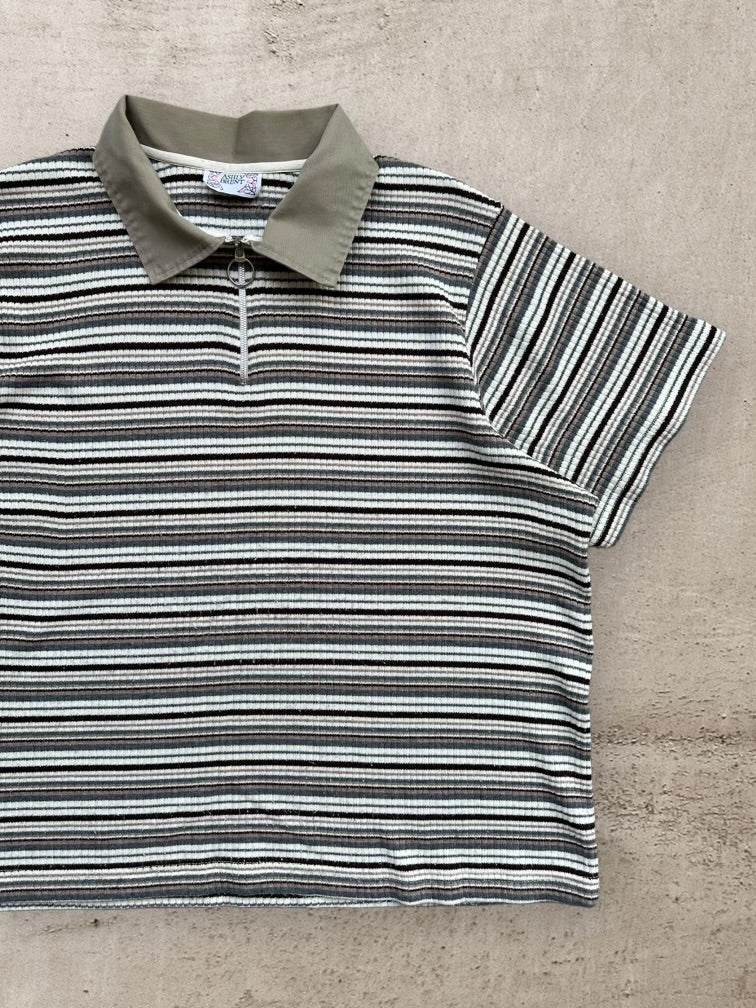 90s Ashley Brent Striped Zip Polo Shirt - Large