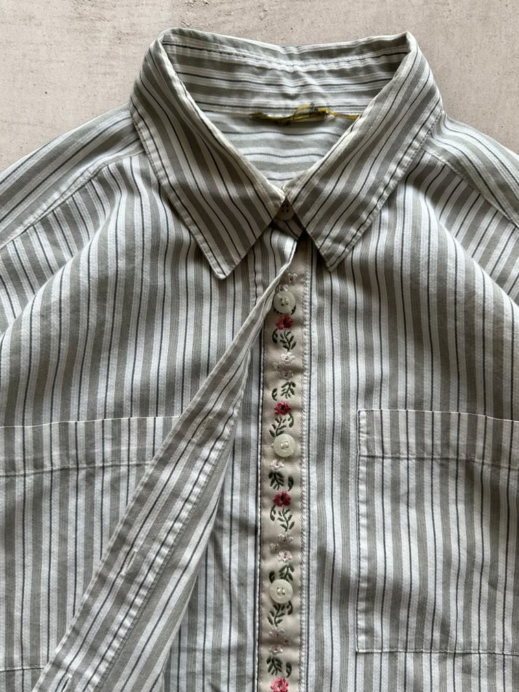 00s Vertical Striped Floral Button Up Shirt - Large