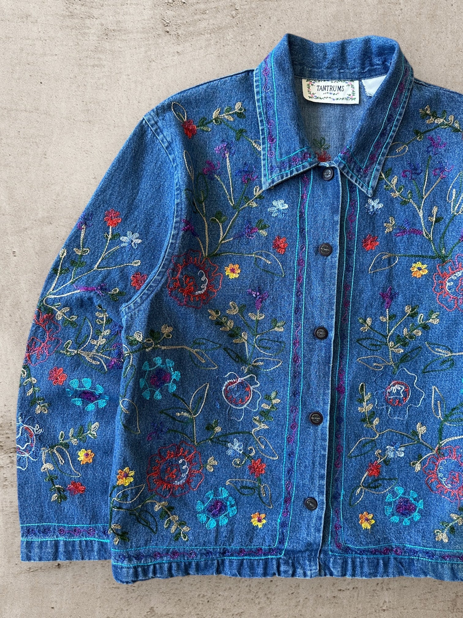 90s Tantrums Embroidered Floral Denim Button Up Jacket - Medium