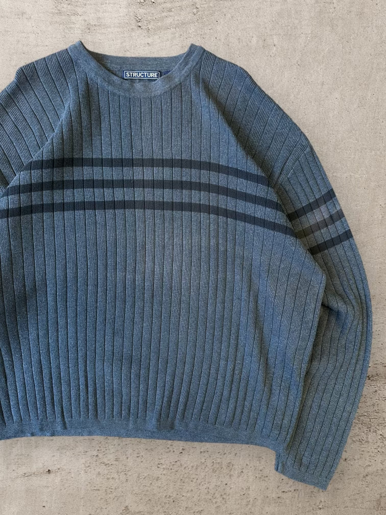 00s Structure Dark Grey & Black Striped Knit Sweater - Large