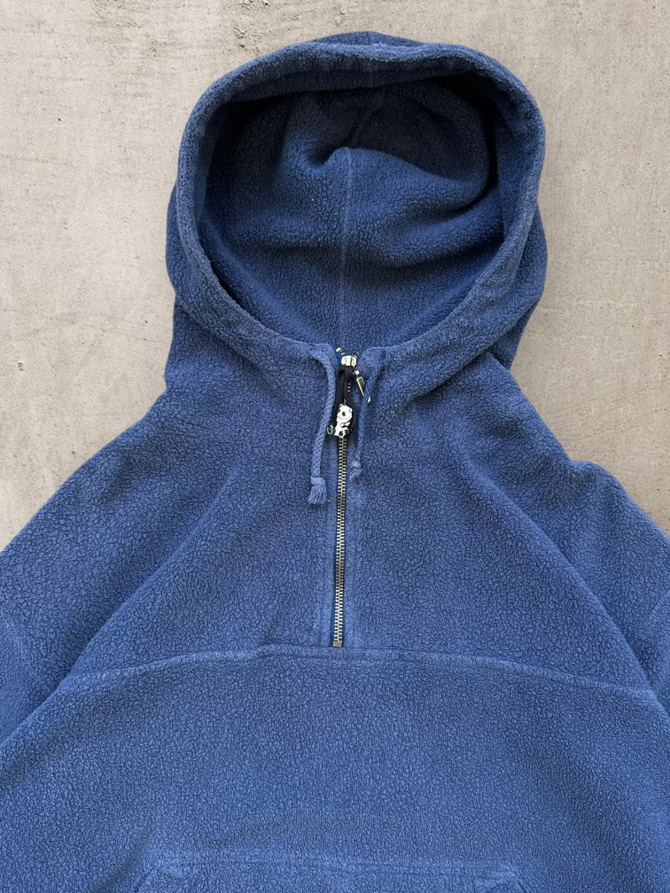 90s N.E Wear Navy Blue Hooded 1/4 Zip Fleece - Large