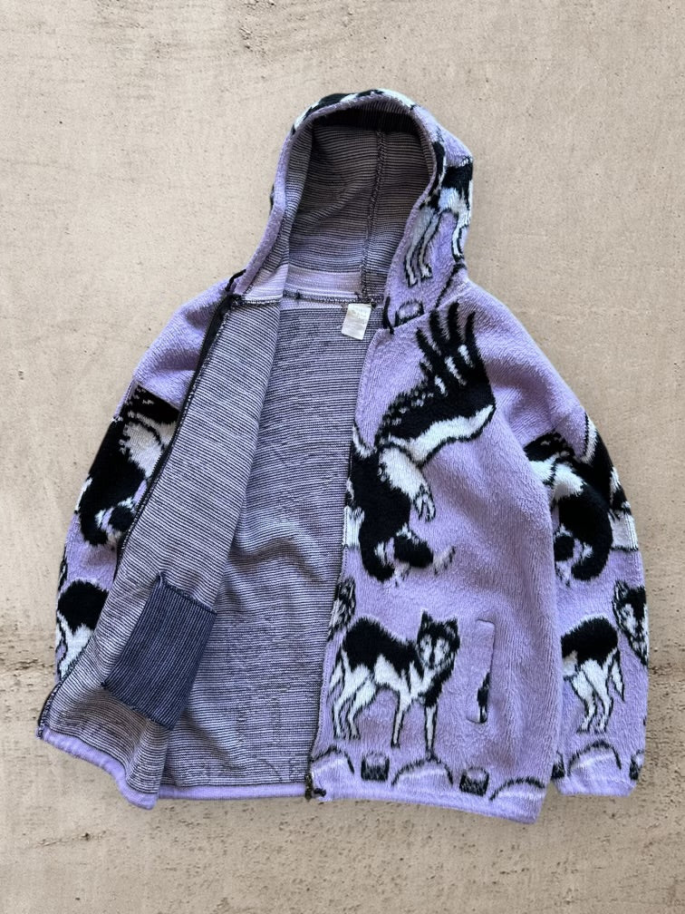 90s Eagle & Wolves Graphic Knit Zip Up Hoodie - Large